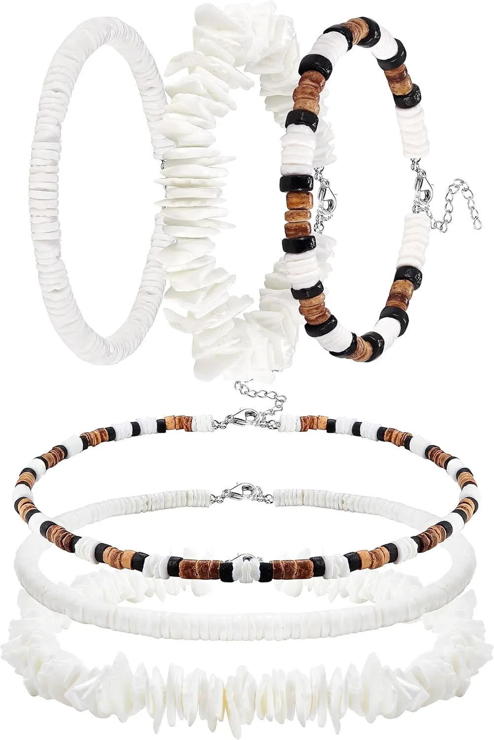 Sanfenly 6 Pcs White Puka Shell Necklace And Bracelet For Men Women Surfer Hawaiian Seashell Summer Beach Pooka Shell Clam Chip Choker Necklace Bracelet Set