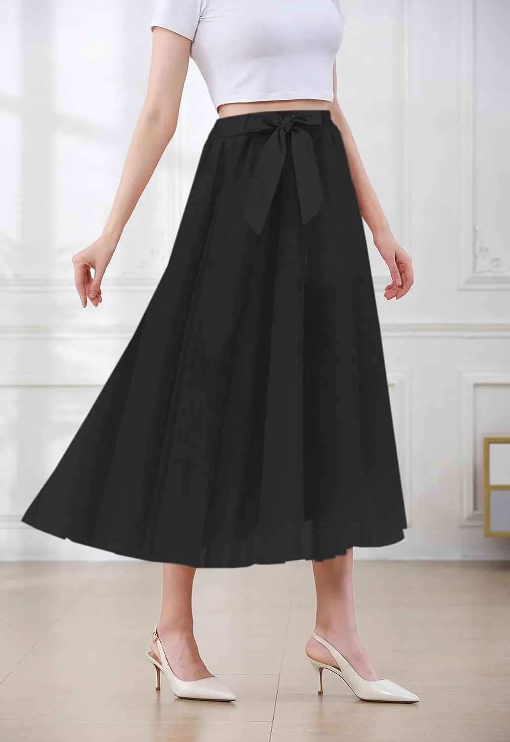 SANGTREE Women's Chiffon Skirt Flowy Floral Midi Maxi Elastic Pleated High Waist Swing Printed Belted Skirt