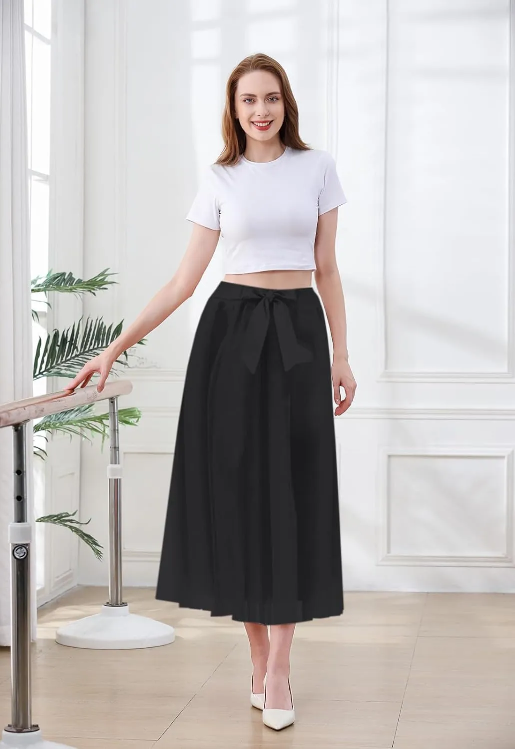 SANGTREE Women's Chiffon Skirt Flowy Floral Midi Maxi Elastic Pleated High Waist Swing Printed Belted Skirt