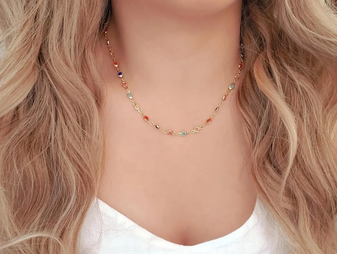 Sarah Cameron Rainbow Crystal Necklace Choker Beaded Stones Bezel Gold Plated OBX 3