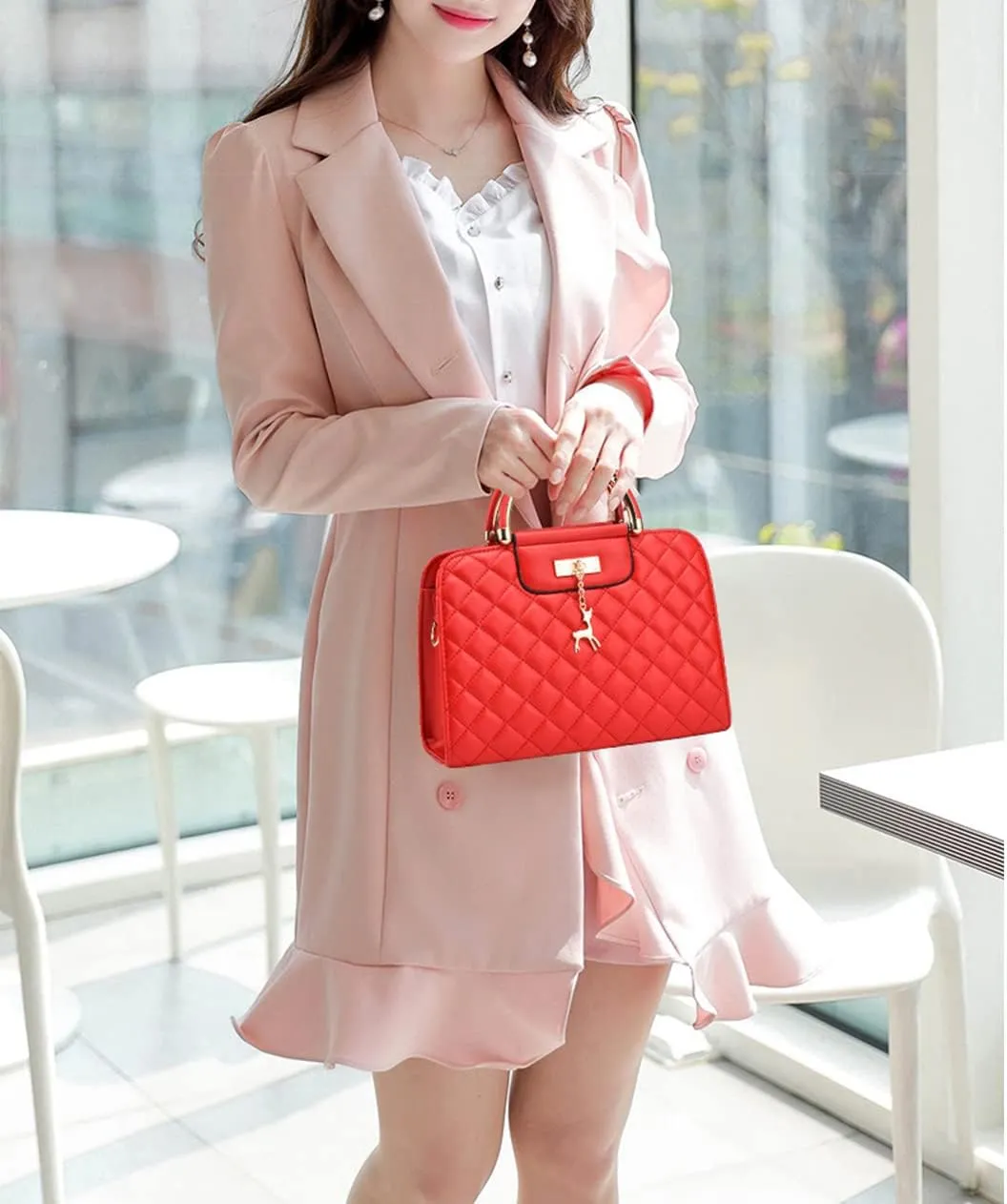 Satchel Handbag for Women Quilted Leather Crossbody Bag Top Handle Shoulder Bag Ladies Tote Purse with Zipper (Red)