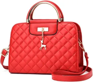 Satchel Handbag for Women Quilted Leather Crossbody Bag Top Handle Shoulder Bag Ladies Tote Purse with Zipper (Red)
