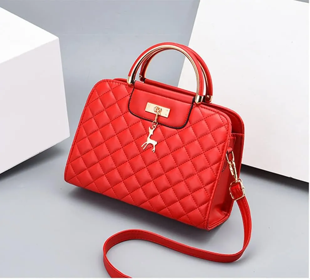 Satchel Handbag for Women Quilted Leather Crossbody Bag Top Handle Shoulder Bag Ladies Tote Purse with Zipper (Red)