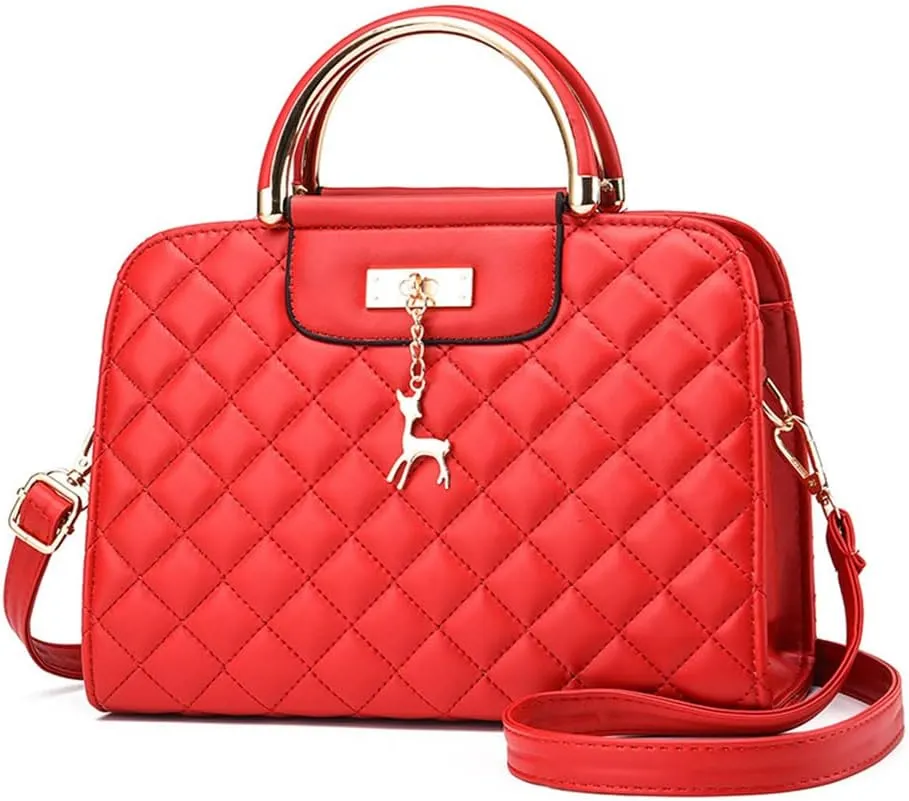 Satchel Handbag for Women Quilted Leather Crossbody Bag Top Handle Shoulder Bag Ladies Tote Purse with Zipper (Red)