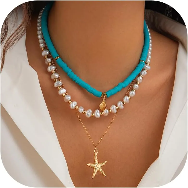 Seashell Necklace for Women Shell Necklace Summer Outfits for Women Adjustable Layered Sea Shell Charm Necklaces Beach Vacation Essentials Holiday Jewelry