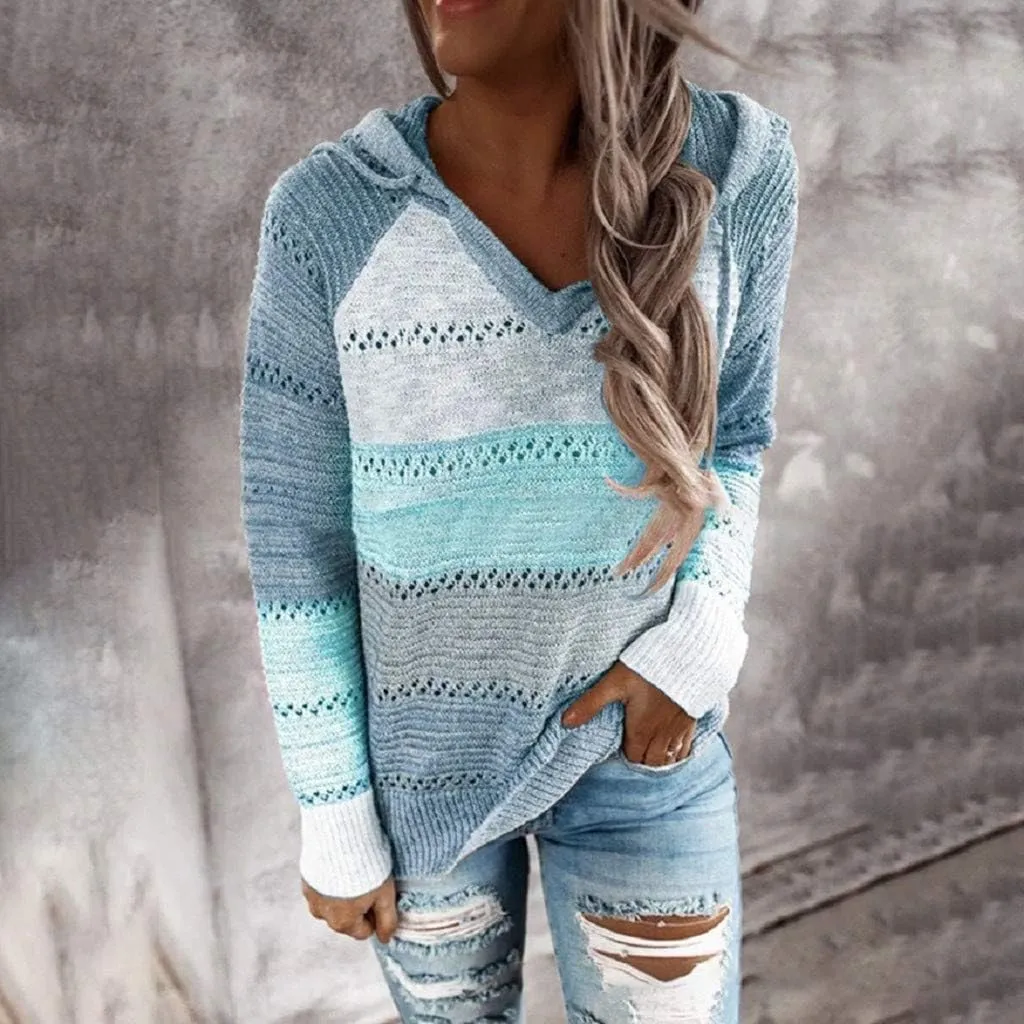 SHAOBGE Oversized Hoodie Blouse Sleeves Fashion Long Hooded Patchwork Tops Women V-Neck Sweater Casual Women's Plain