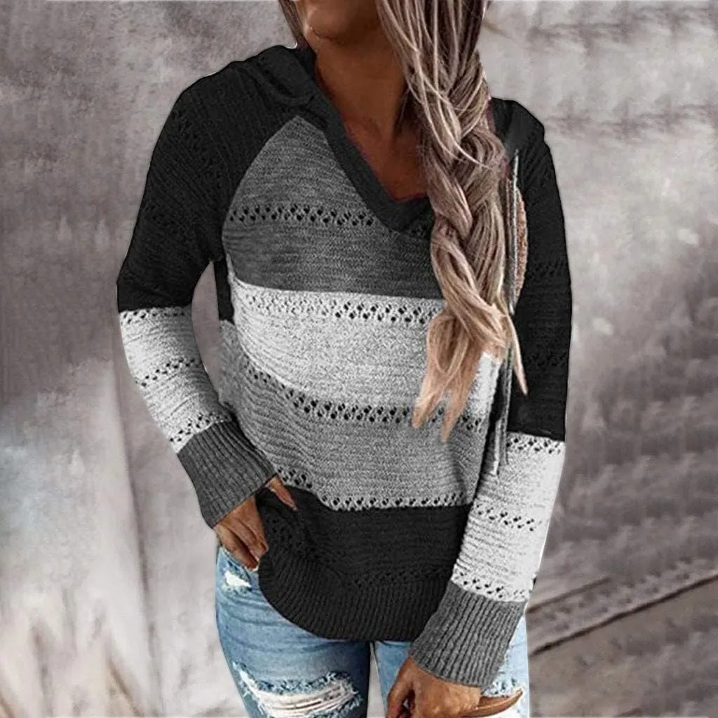 SHAOBGE Oversized Hoodie Blouse Sleeves Fashion Long Hooded Patchwork Tops Women V-Neck Sweater Casual Women's Plain