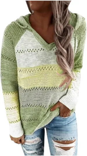 SHAOBGE Oversized Hoodie Blouse Sleeves Fashion Long Hooded Patchwork Tops Women V-Neck Sweater Casual Women's Plain