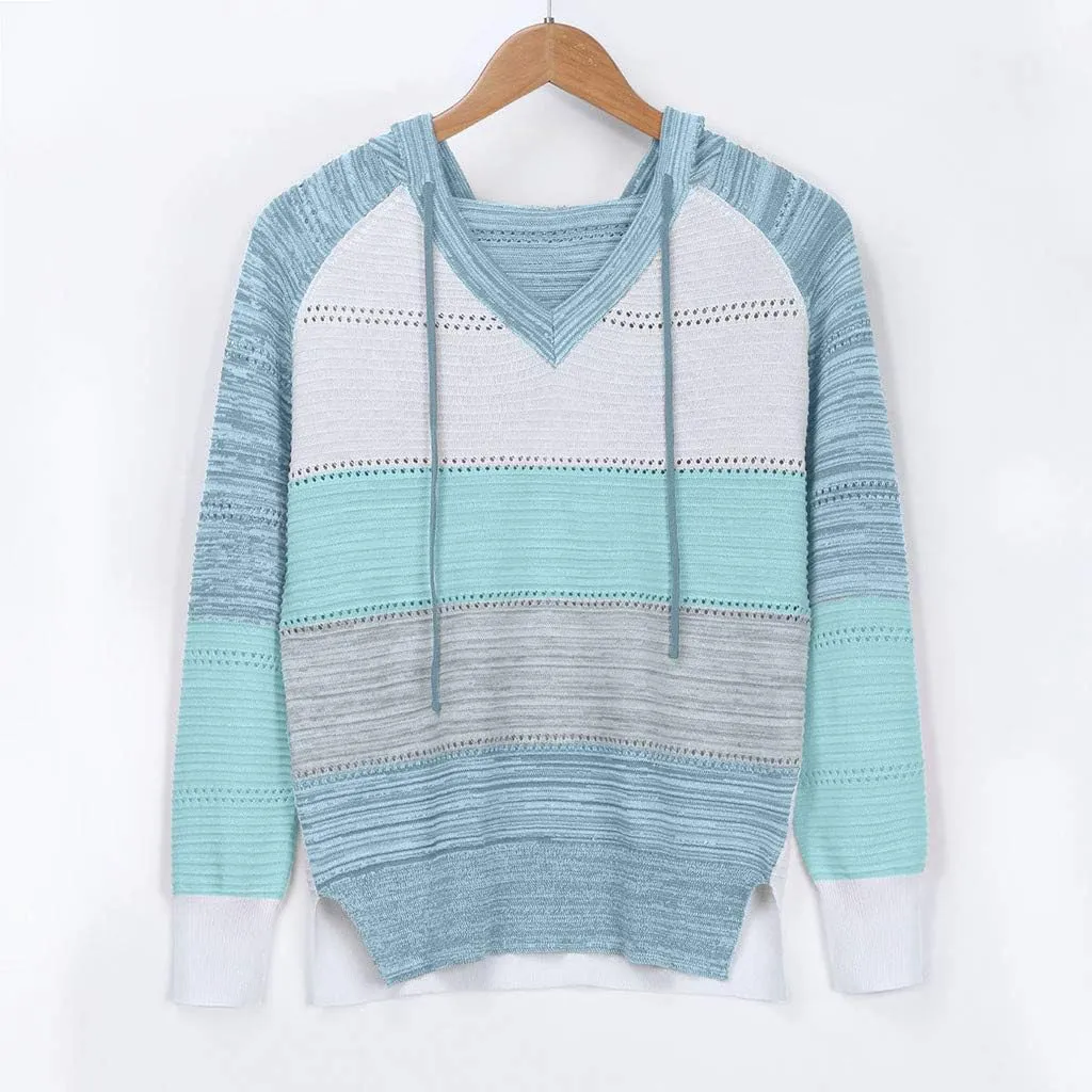 SHAOBGE Oversized Hoodie Blouse Sleeves Fashion Long Hooded Patchwork Tops Women V-Neck Sweater Casual Women's Plain