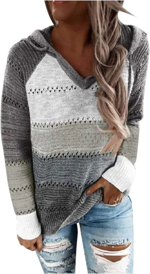 SHAOBGE Oversized Hoodie Blouse Sleeves Fashion Long Hooded Patchwork Tops Women V-Neck Sweater Casual Women's Plain