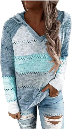 SHAOBGE Oversized Hoodie Blouse Sleeves Fashion Long Hooded Patchwork Tops Women V-Neck Sweater Casual Women's Plain