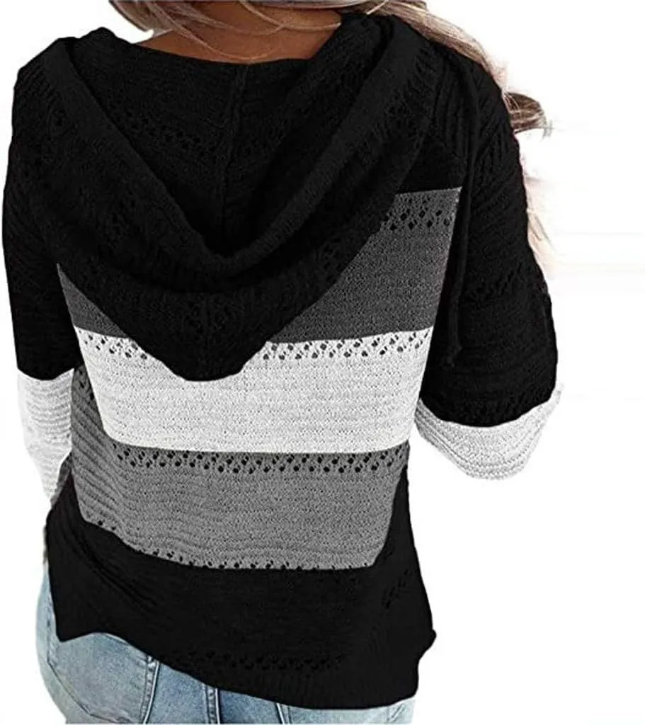 SHAOBGE Oversized Hoodie Blouse Sleeves Fashion Long Hooded Patchwork Tops Women V-Neck Sweater Casual Women's Plain
