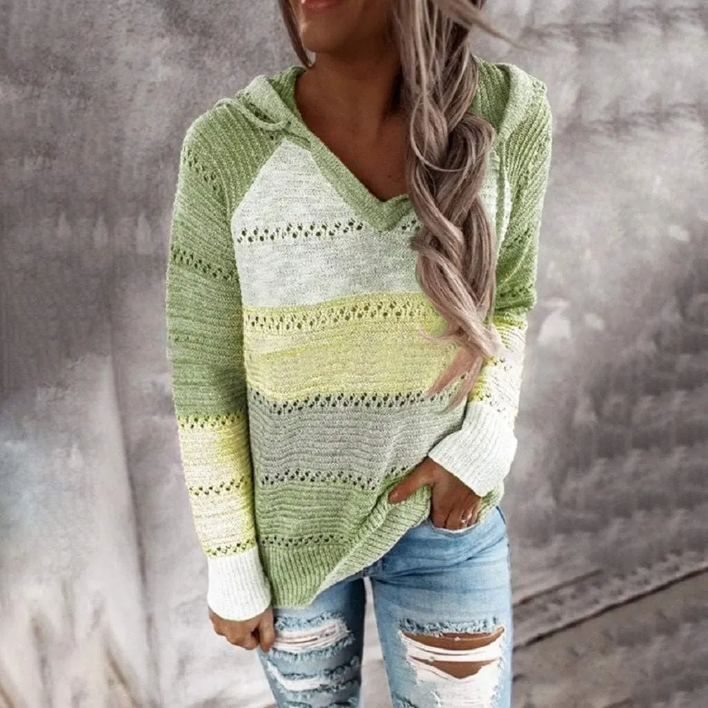 SHAOBGE Oversized Hoodie Blouse Sleeves Fashion Long Hooded Patchwork Tops Women V-Neck Sweater Casual Women's Plain