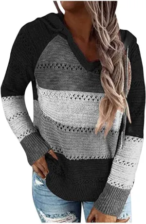 SHAOBGE Oversized Hoodie Blouse Sleeves Fashion Long Hooded Patchwork Tops Women V-Neck Sweater Casual Women's Plain