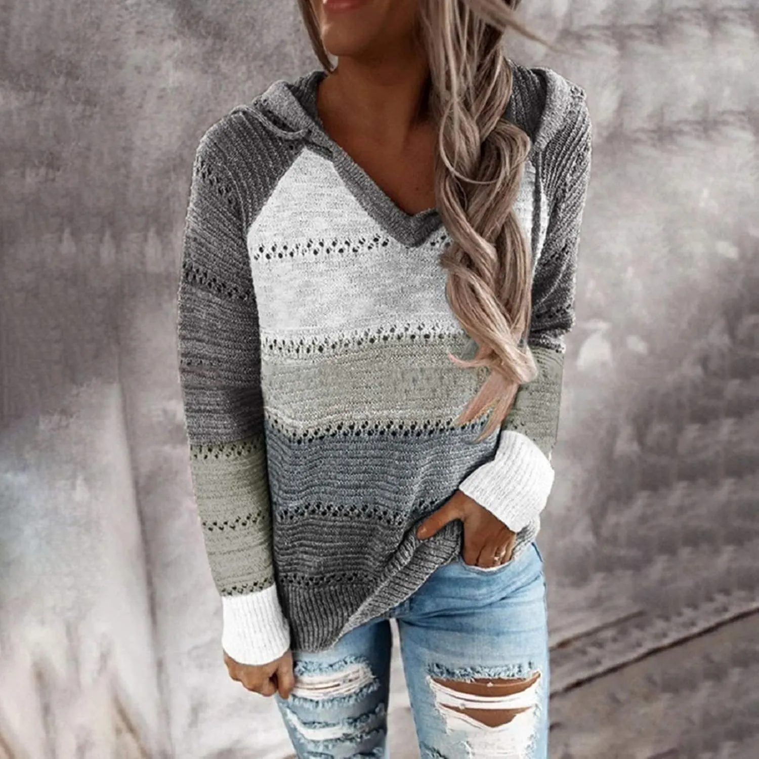 SHAOBGE Oversized Hoodie Blouse Sleeves Fashion Long Hooded Patchwork Tops Women V-Neck Sweater Casual Women's Plain