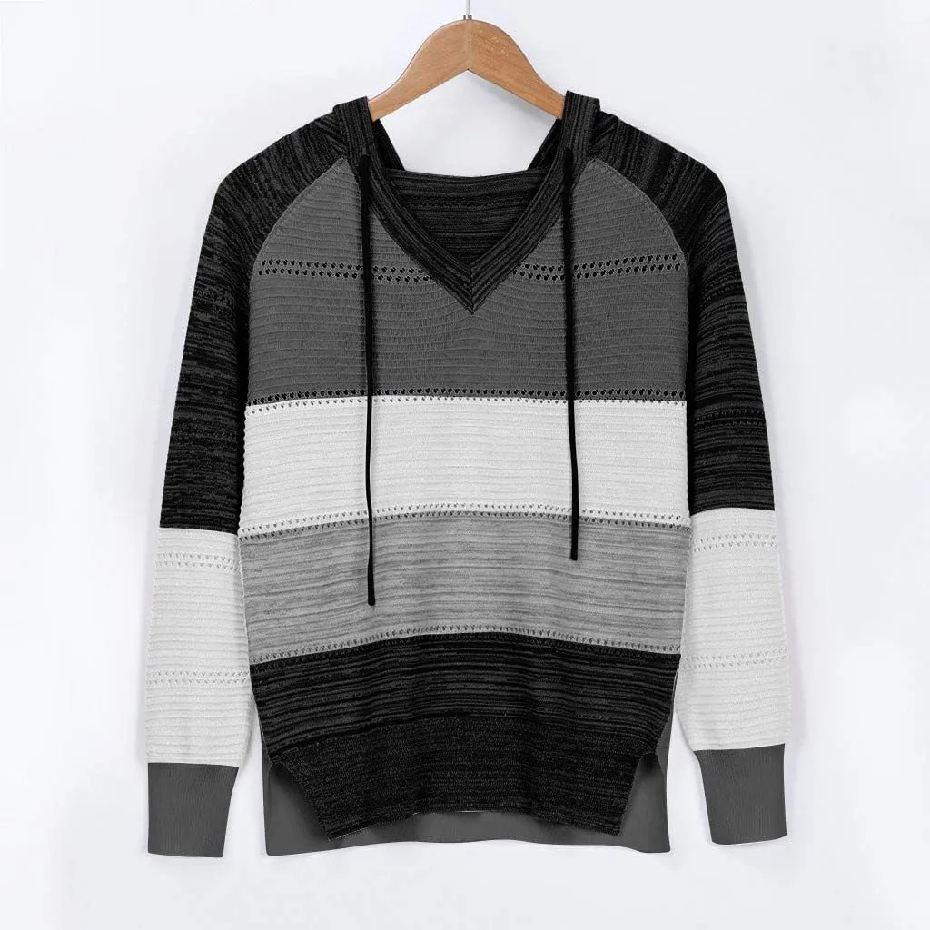 SHAOBGE Oversized Hoodie Blouse Sleeves Fashion Long Hooded Patchwork Tops Women V-Neck Sweater Casual Women's Plain