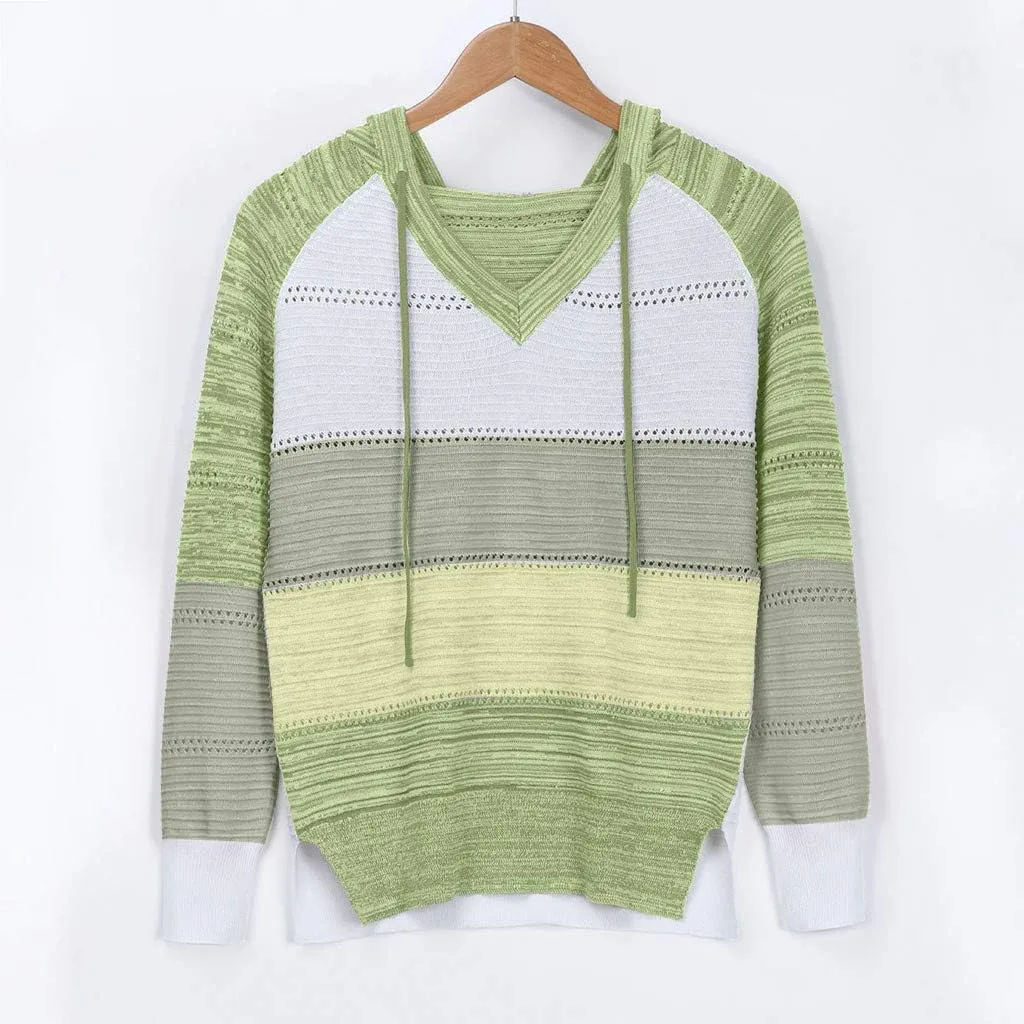 SHAOBGE Oversized Hoodie Blouse Sleeves Fashion Long Hooded Patchwork Tops Women V-Neck Sweater Casual Women's Plain