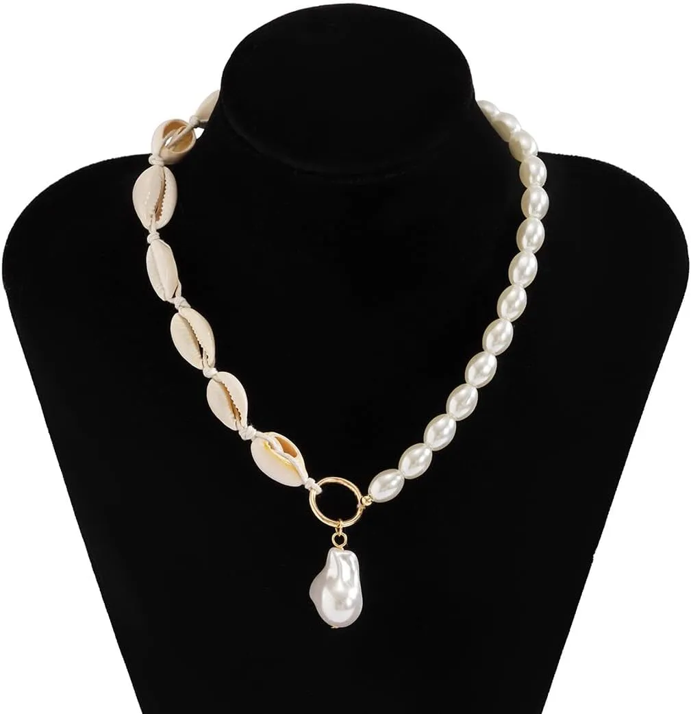 Shell Necklace for Women Natural Pearl Choker Necklace Adjustable Seashell Necklac Handmade Shell Clavicle Necklace Summer Hawaiian Style Braided Rope Natural Shell Necklace Boho Beach Jewelry