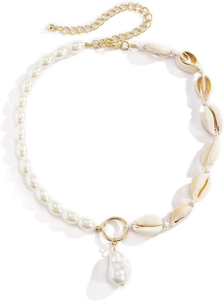 Shell Necklace for Women Natural Pearl Choker Necklace Adjustable Seashell Necklac Handmade Shell Clavicle Necklace Summer Hawaiian Style Braided Rope Natural Shell Necklace Boho Beach Jewelry