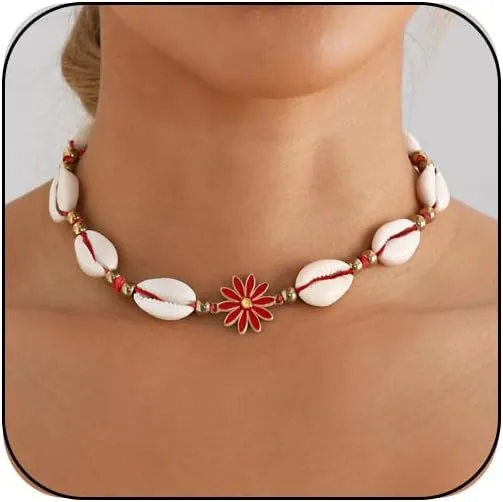 Shell Necklace for Women Seashell Daisy Flower Choker Necklace Handmade Puka Shell Charm Necklace Adjustable Braided Rope Summer Necklaces Boho Beach Jewelry Outfit Accessories