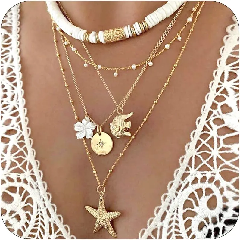 Shell Necklaces for Women Gold Starfish Pearl Seashell Summer Beach Vacation Outfits Jewelry Gifts Stocking Stuffers