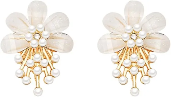Shell Pearl Flower S925 Post Pin Stud Earrings for Women Gold Plated White Flowers Tassel Pearls Dangle Earring Elegant Wedding Birthday Party Christmas Dainty Cute Jewelry