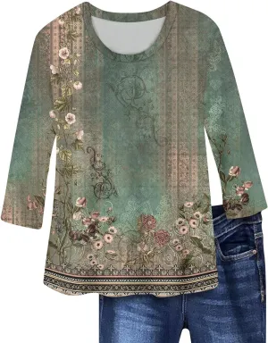 Shirts for Women Trendy 3/4 Length Sleeve Summer Crewneck Tops Plus Size Floral Print 1/2 Sleeve Drassy Casual Blouses