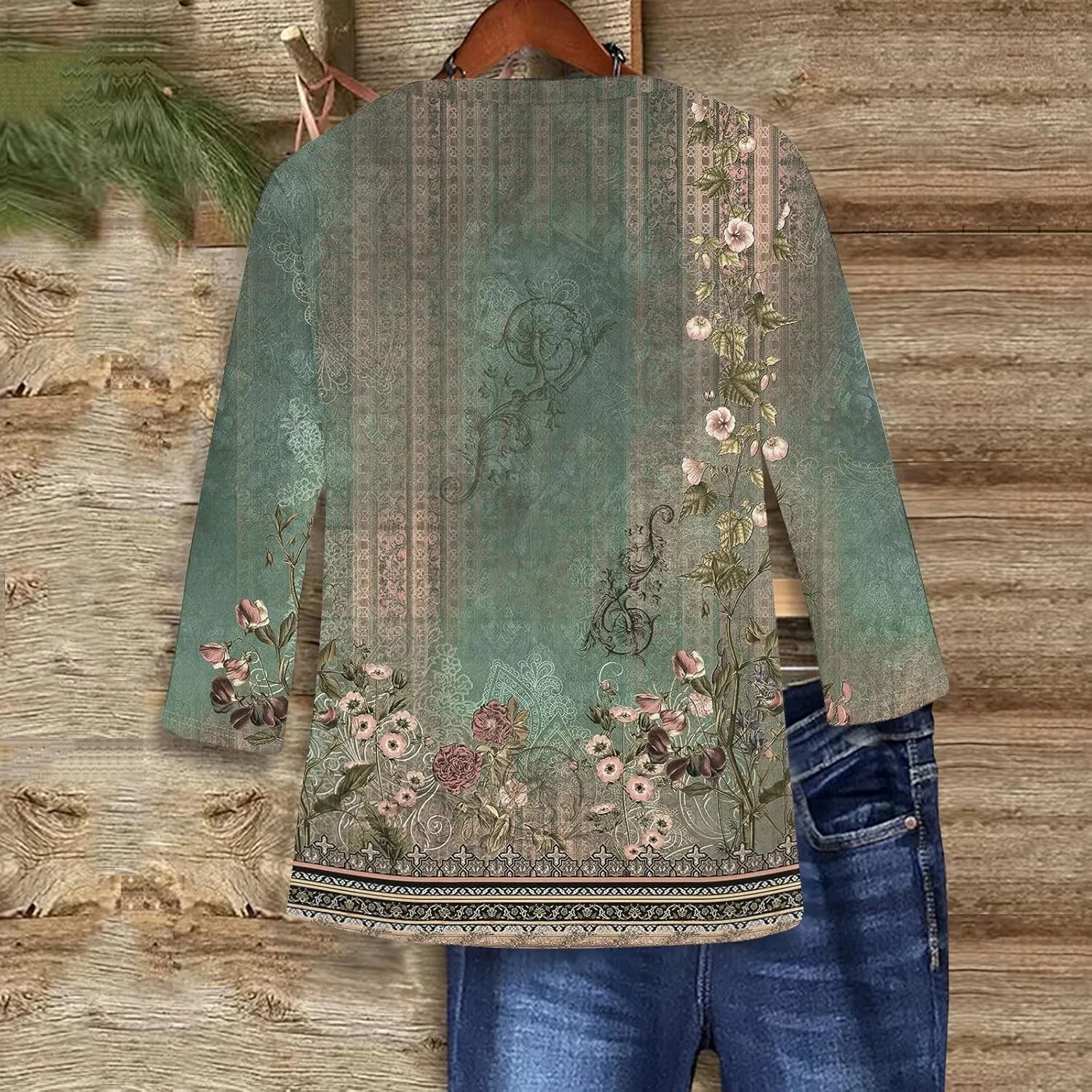 Shirts for Women Trendy 3/4 Length Sleeve Summer Crewneck Tops Plus Size Floral Print 1/2 Sleeve Drassy Casual Blouses