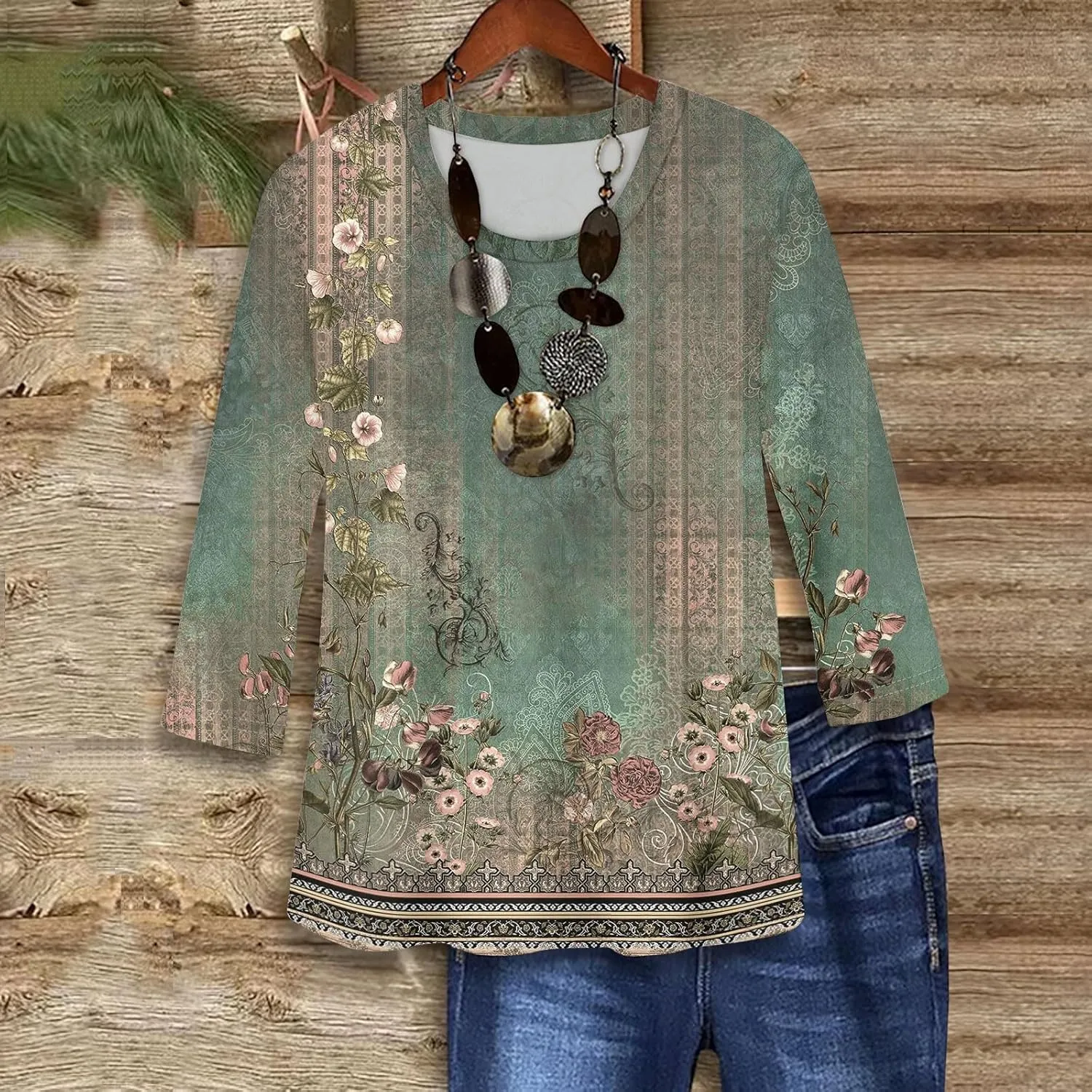Shirts for Women Trendy 3/4 Length Sleeve Summer Crewneck Tops Plus Size Floral Print 1/2 Sleeve Drassy Casual Blouses