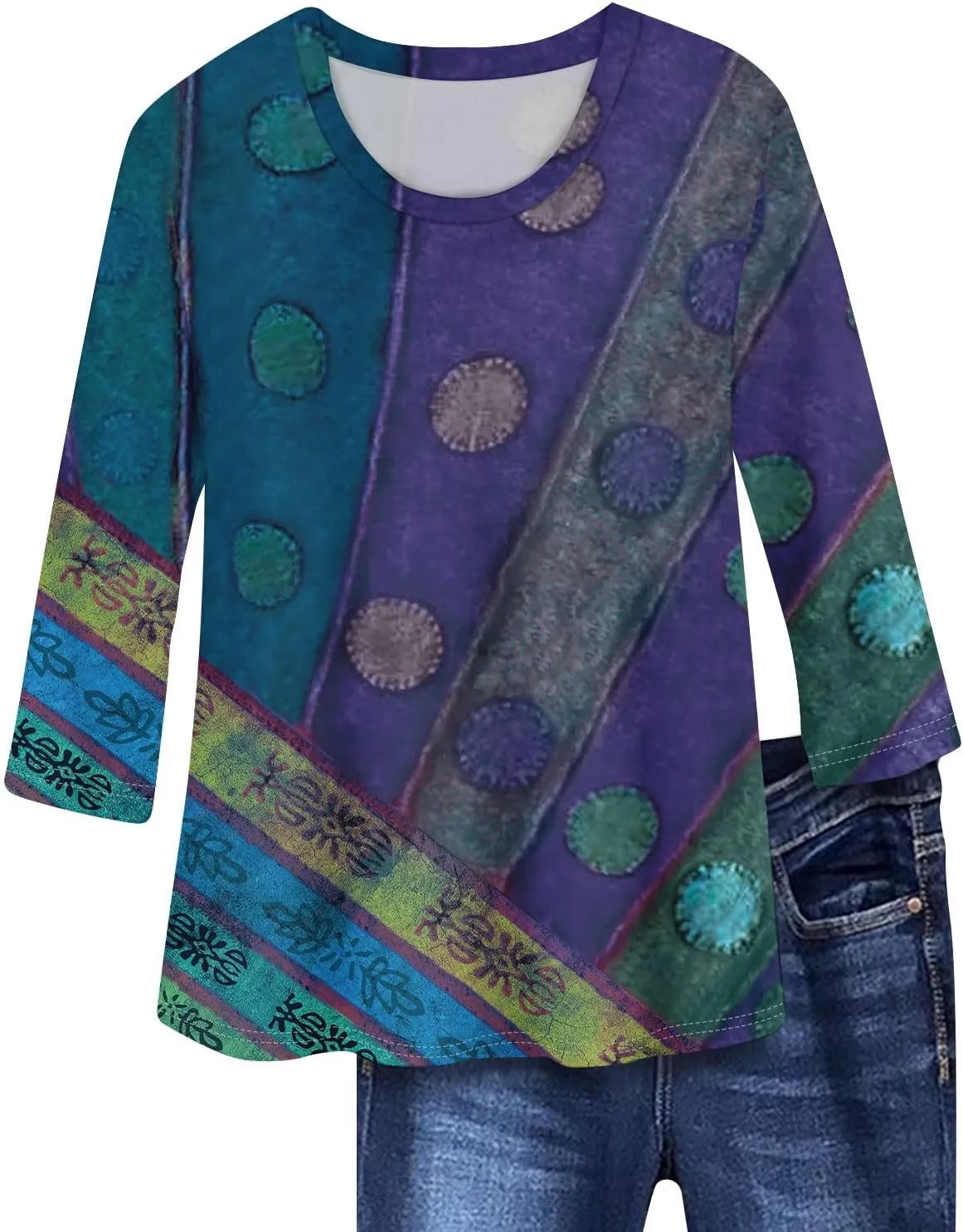 Shirts for Women Trendy 3/4 Length Sleeve Summer Crewneck Tops Plus Size Floral Print 1/2 Sleeve Drassy Casual Blouses
