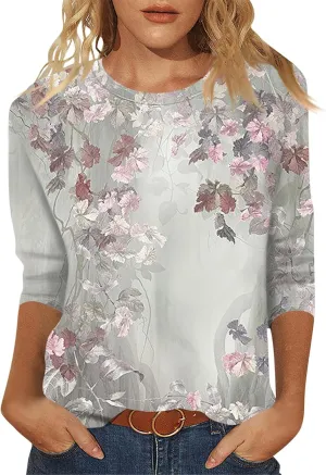Shirts for Women Trendy 3/4 Sleeve Crewneck Cute Shirts Casual Print Three Guarter Length T Shirt Summer Pullover