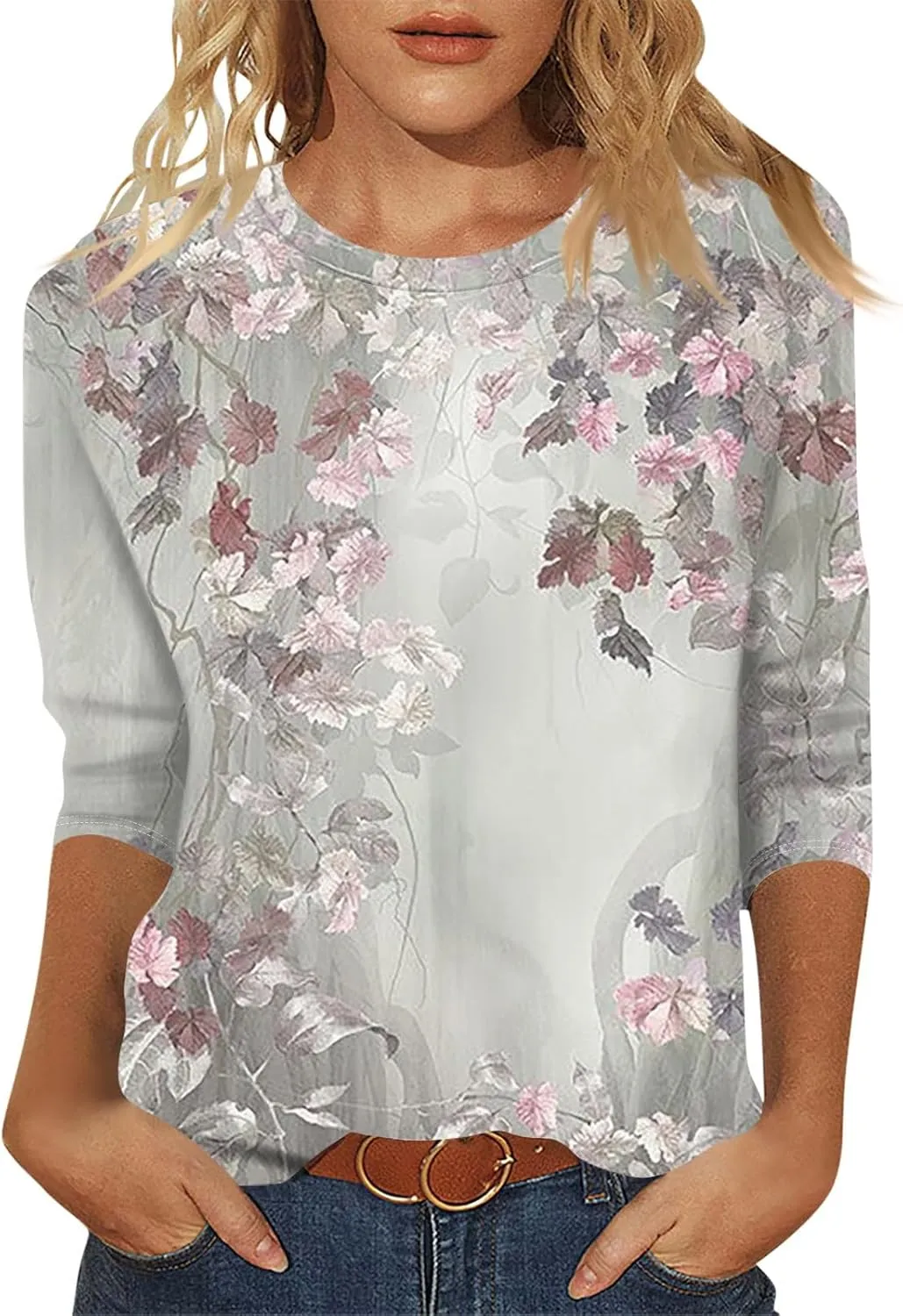 Shirts for Women Trendy 3/4 Sleeve Crewneck Cute Shirts Casual Print Three Guarter Length T Shirt Summer Pullover