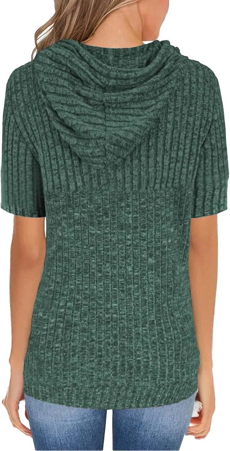 Short Sleeve Hoodies for Women Ribbed Knit Tops Casual T Shirts Oversized Sweatshirts Pullover with Kangaroo Pocket