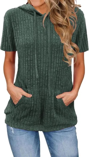 Short Sleeve Hoodies for Women Ribbed Knit Tops Casual T Shirts Oversized Sweatshirts Pullover with Kangaroo Pocket