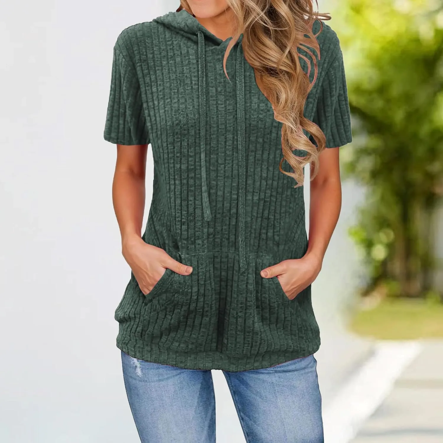 Short Sleeve Hoodies for Women Ribbed Knit Tops Casual T Shirts Oversized Sweatshirts Pullover with Kangaroo Pocket