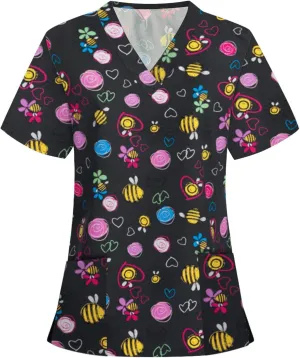 Short Sleeve Tops for Ladies Fall Summer Vneck Print Loose Fit Work Scrub Kawaii Tops Blouses Shirts Women 2025