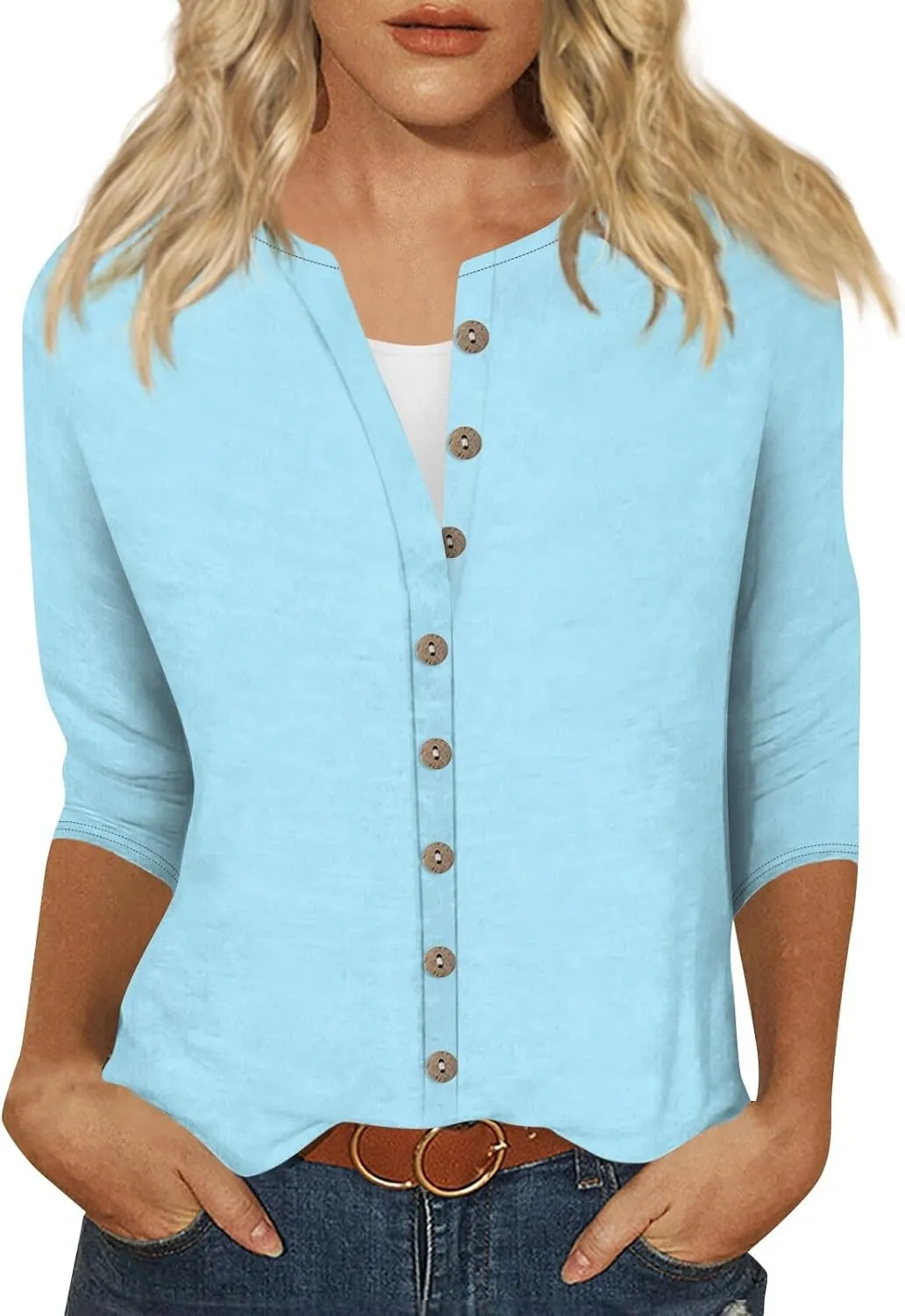 slqdgmryz Button Down Shirts for Women 3/4 Sleeve Lightweight Summer Cardigan Casual V Neck Three Quarter Length Cute Tops