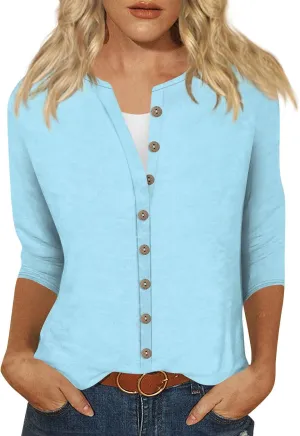 slqdgmryz Button Down Shirts for Women 3/4 Sleeve Lightweight Summer Cardigan Casual V Neck Three Quarter Length Cute Tops