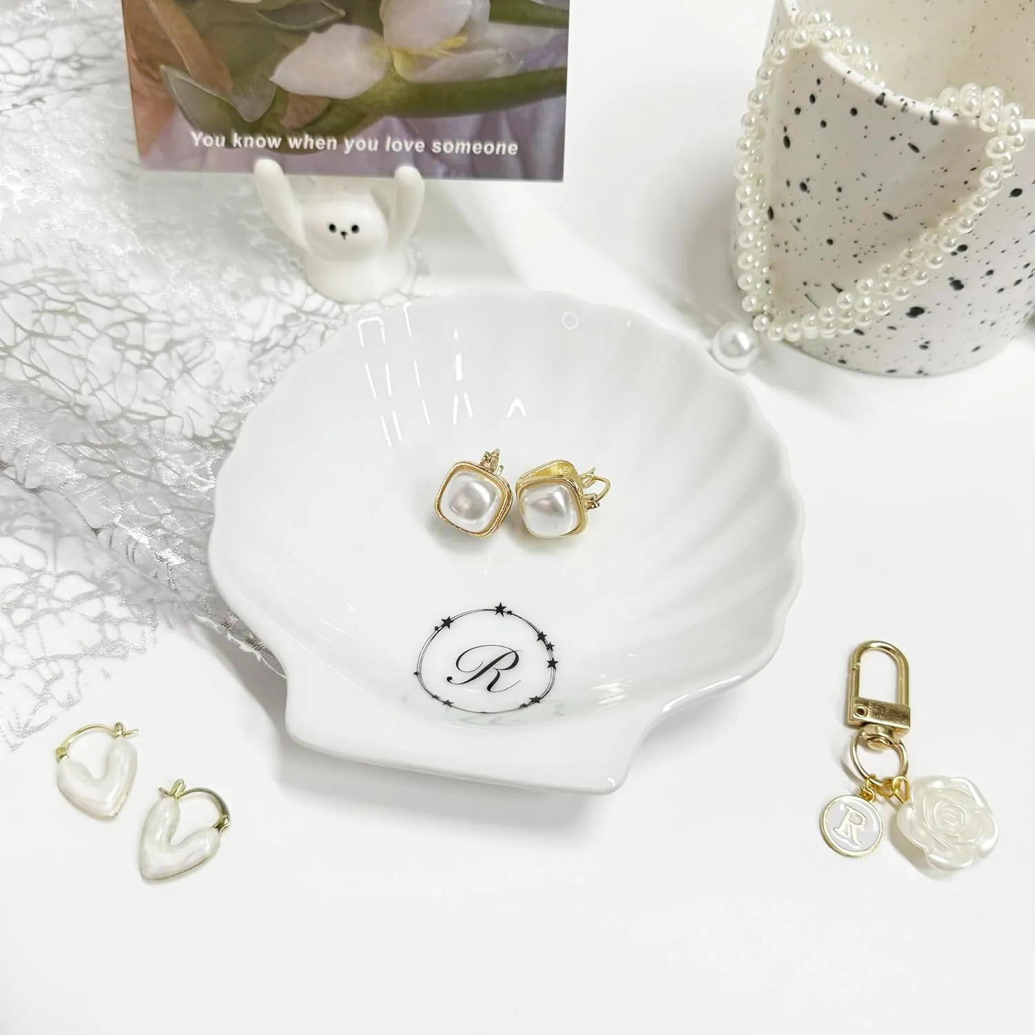 Small Jewelry Dish for Women, Ceramic Shell Ring Holder, Plate Tray With Keychain, Cute Decorative Trinket Bowl for Earring, Key Gift, 4.6", (R)