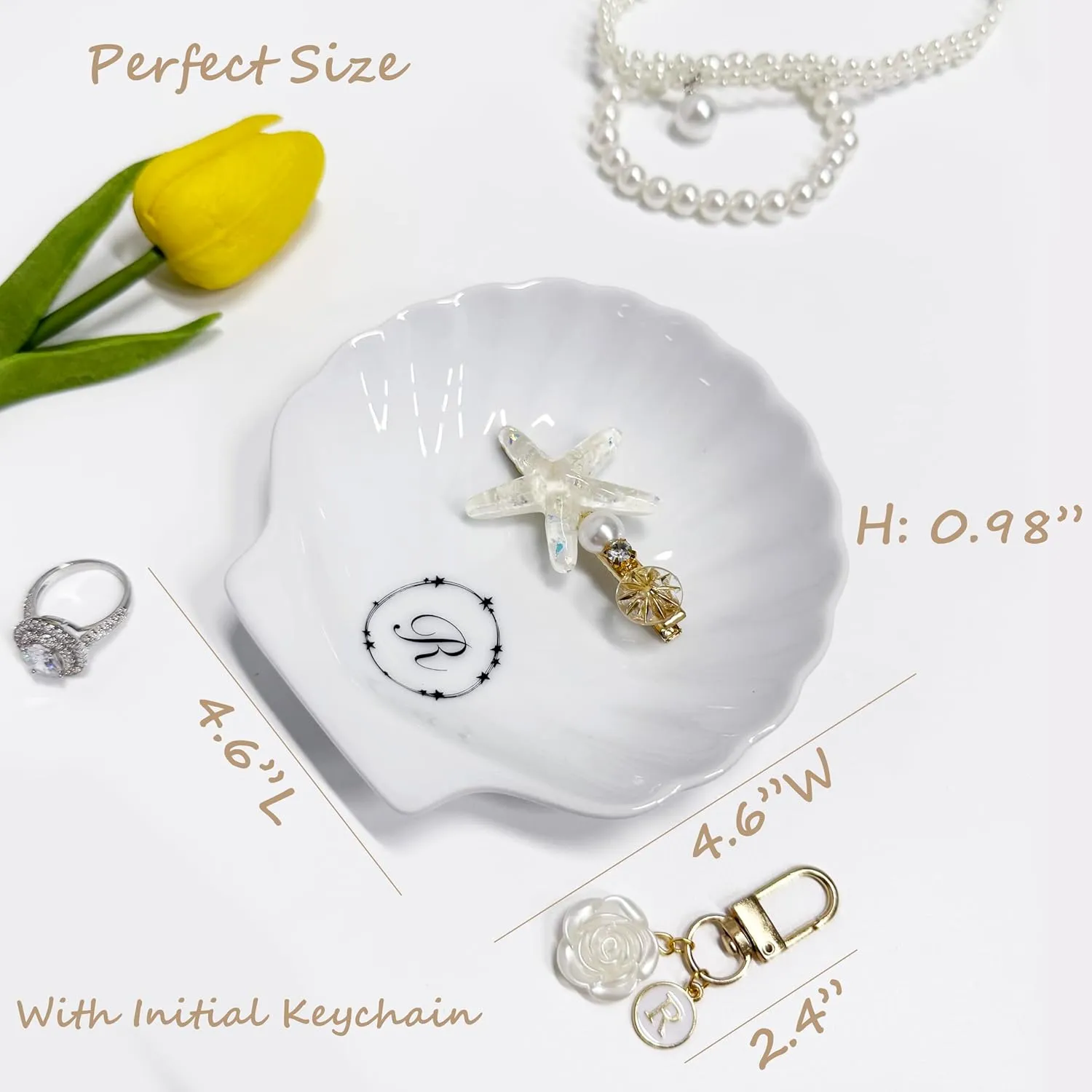 Small Jewelry Dish for Women, Ceramic Shell Ring Holder, Plate Tray With Keychain, Cute Decorative Trinket Bowl for Earring, Key Gift, 4.6", (R)