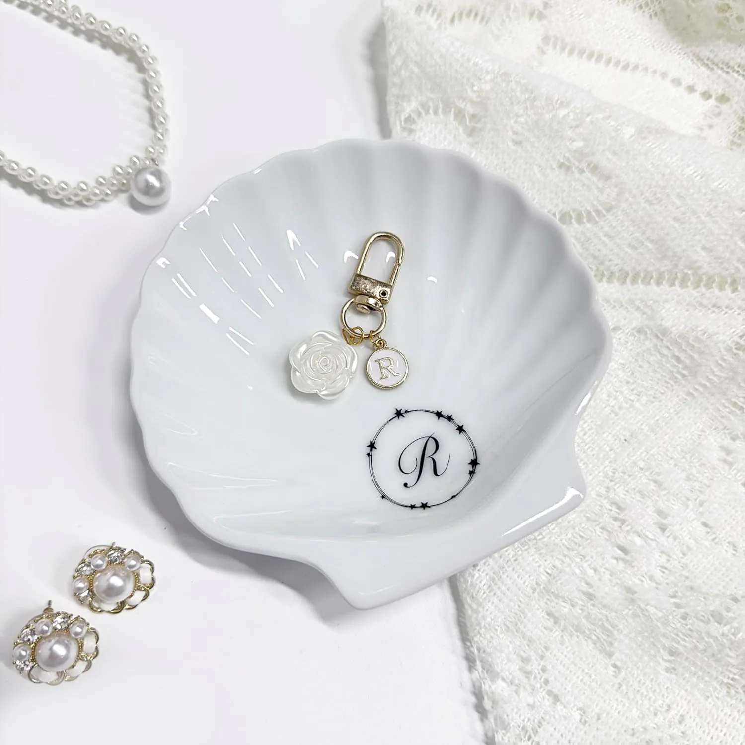 Small Jewelry Dish for Women, Ceramic Shell Ring Holder, Plate Tray With Keychain, Cute Decorative Trinket Bowl for Earring, Key Gift, 4.6", (R)