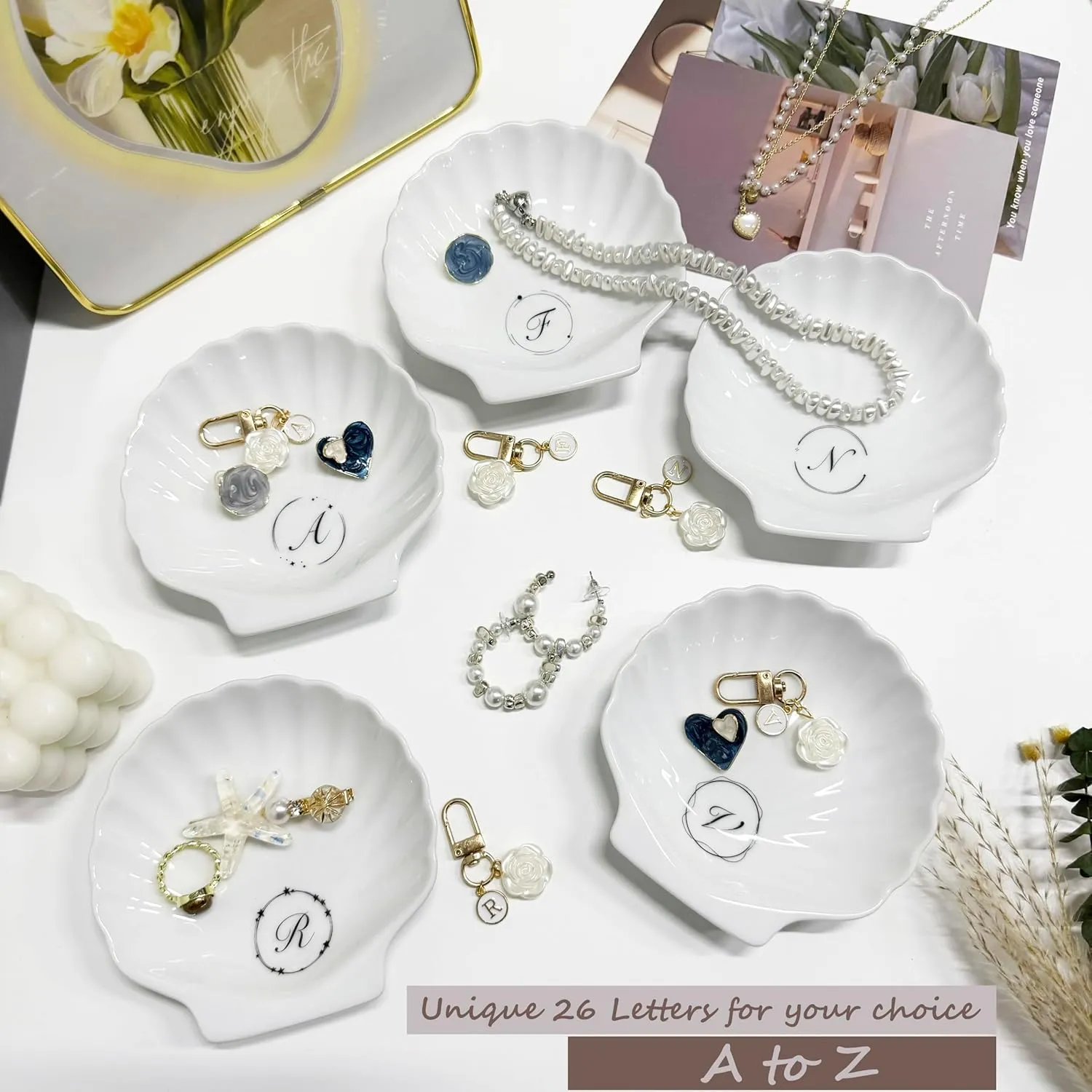 Small Jewelry Dish for Women, Ceramic Shell Ring Holder, Plate Tray With Keychain, Cute Decorative Trinket Bowl for Earring, Key Gift, 4.6", (R)