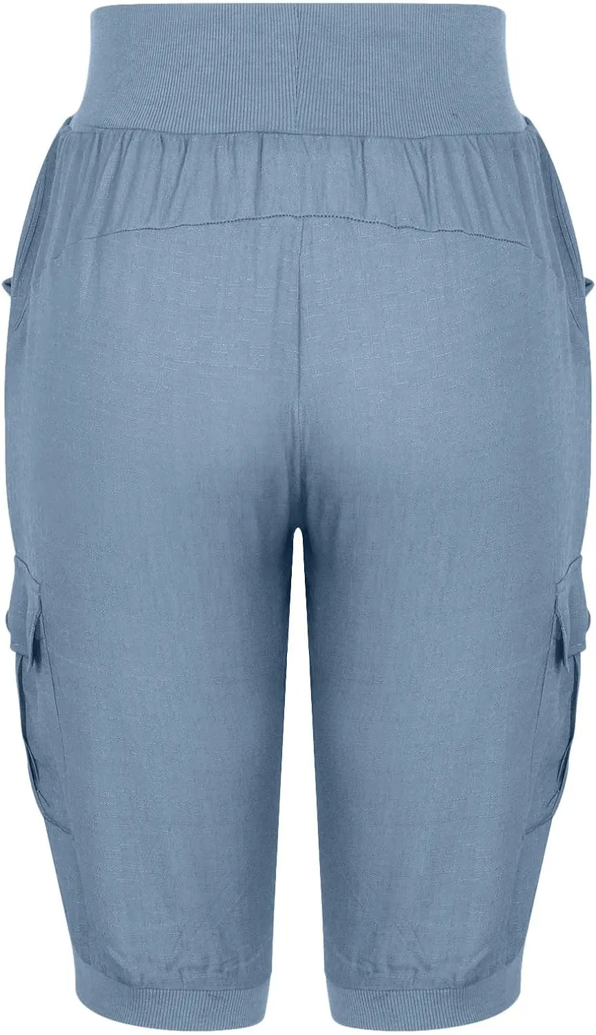 SMIDOW Womens Capri Pants Plus Size Cotton Linen Work Pants Drawstring Elastic Waist Tapered Pants Pull-on Pants