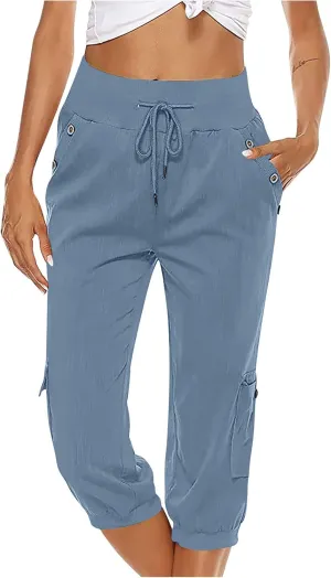SMIDOW Womens Capri Pants Plus Size Cotton Linen Work Pants Drawstring Elastic Waist Tapered Pants Pull-on Pants