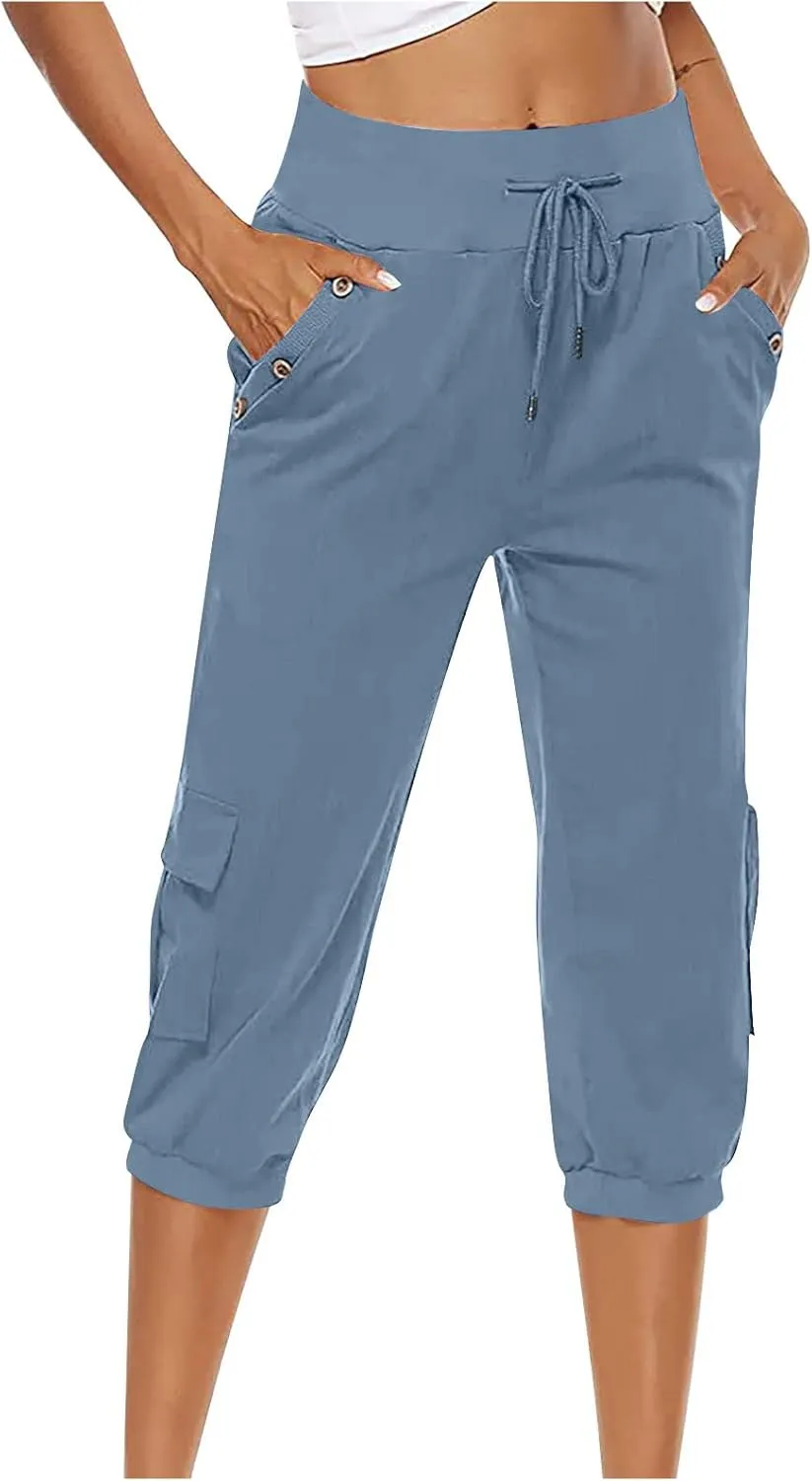 SMIDOW Womens Capri Pants Plus Size Cotton Linen Work Pants Drawstring Elastic Waist Tapered Pants Pull-on Pants