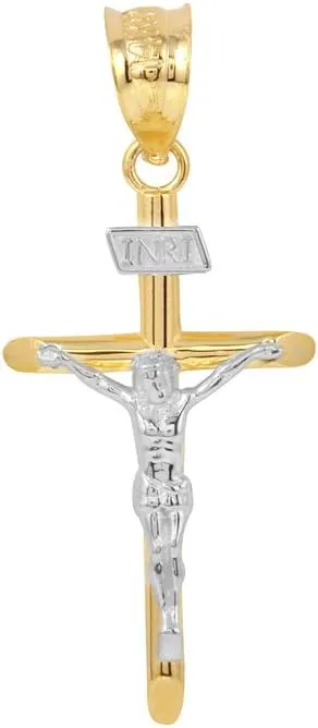 Solid 10k Two-Tone Gold Cross Charm INRI Crucifix Pendant (1.18")