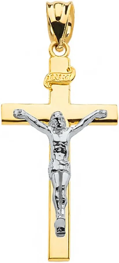 Solid 14k Two-Tone Gold Cross INRI Crucifix Charm Pendant (1.60")
