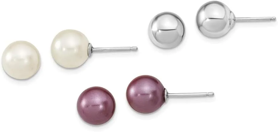 Solid 925 Sterling Silver 8-9mm Plum/White Imitation Shell Pearl Post Studs 3 Earring Set mm
