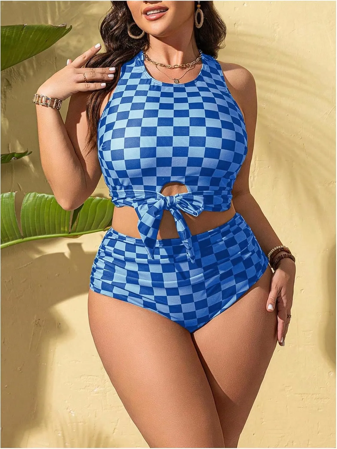 SOLY HUX Women's Plus Size Swimsuit Plaid Checkered Tie Front High Waisted Bikini Set Two Piece Bathing Suit