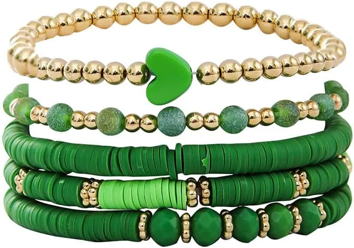 St. Patrick Day Bohemian Multi-Layer Bead Bracelet Heart Clay Stackable Colorful Bracelets Set for Women Men Beach Vacation Beaded Bangle Jewelry